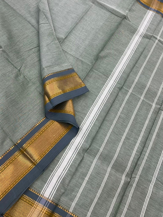 Kanchi mercerised soft cotton |rich zari border | pastel grey x dark grey | MC10