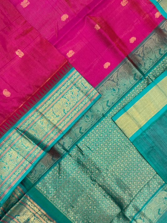 Korvai Kanchi Silk Cotton Sarees | pink x cyan green |  Yanai mayil X vairaoosi | NKV31