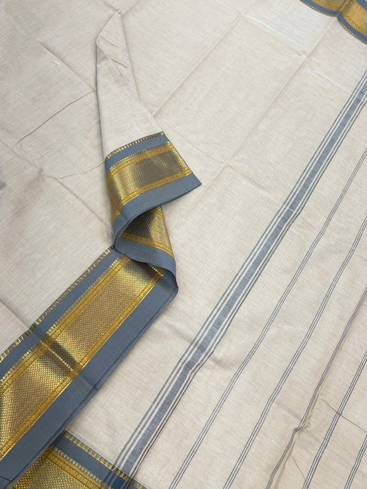 Kanchi mercerised soft cotton |rich zari border | pastel cream x grey | MC10