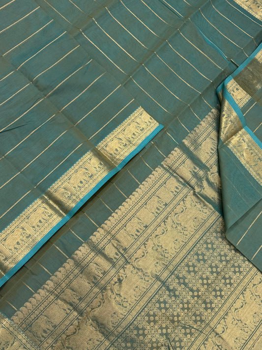 Pure Handloom Kanchi rich Cotton Saree | veldhari x zari | teal greenish blue