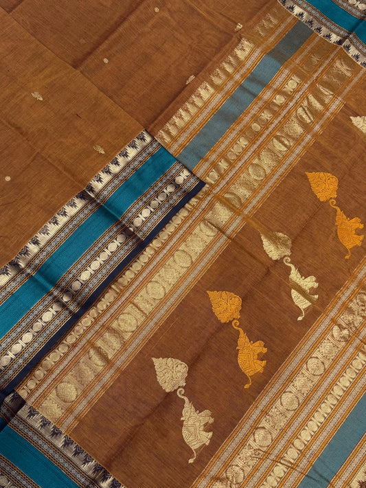 Pure Handloom Kanchi rich Cotton Saree | rettaipet Zari border X tiny motif |mustard X blue