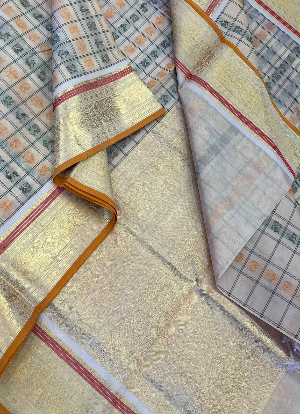 Kanchi Silk Cotton Sarees | 1000 butta  X rich zari pallu X 4 motif | cream X gold X mustard