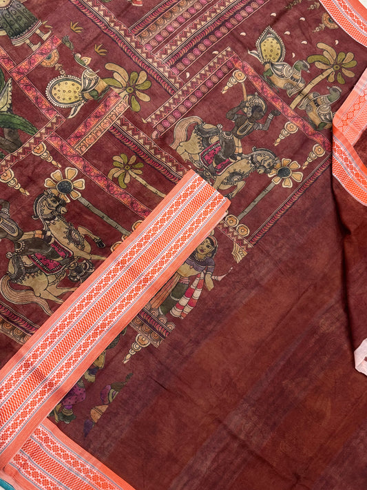 Ponduru feather soft cotton | story telling saree | brown x orange