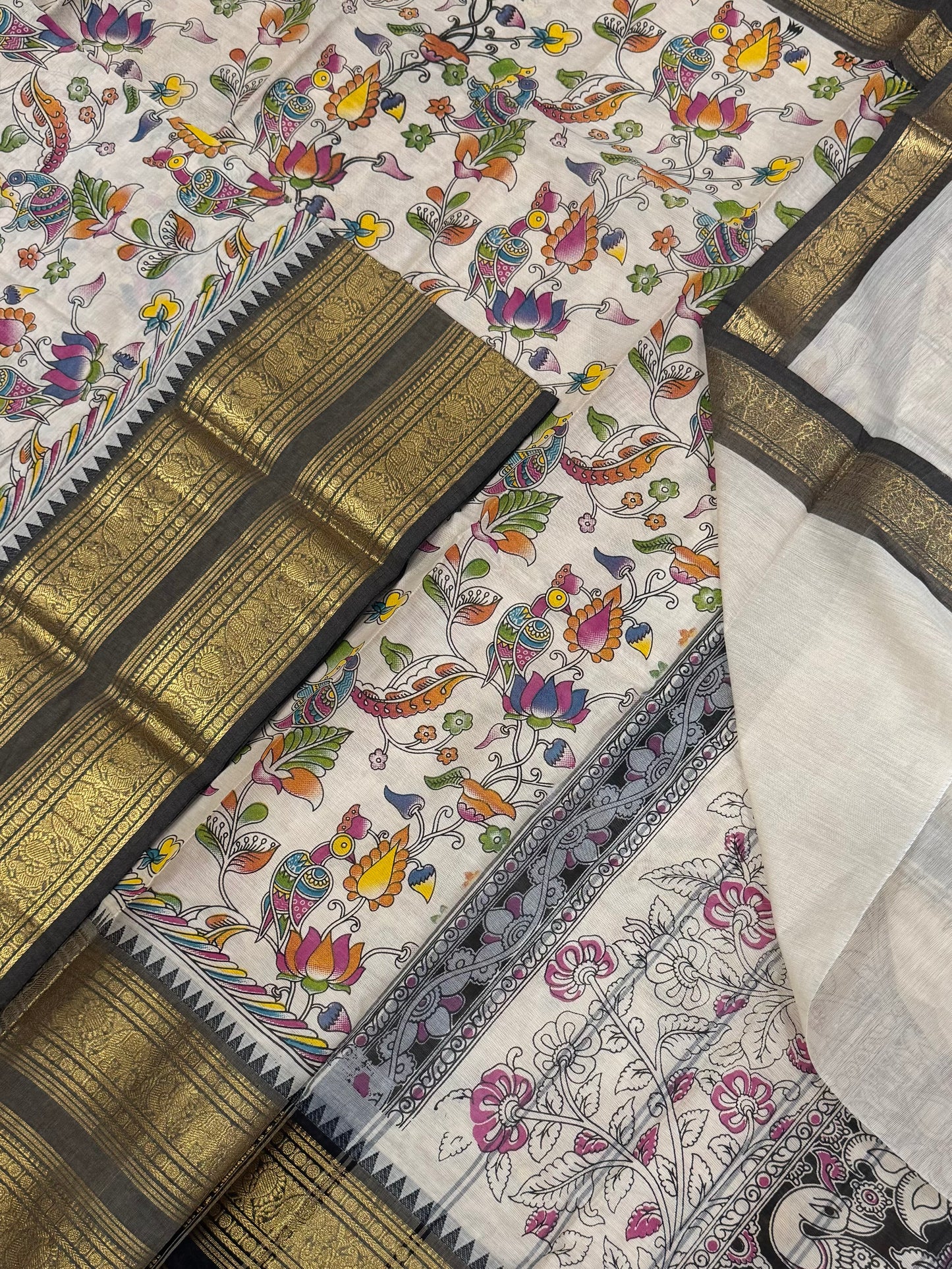 Kanchi soft cotton | block print x Zari woven border | white multi X black