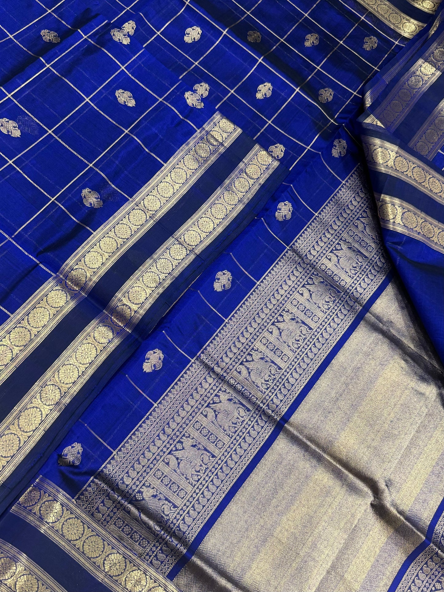 Kanchi Silk Cotton Sarees | Royal blue X gold |  rettaipet Zari border  x eruthalapakshi kattam