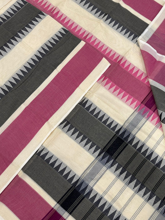Kanchi soft cotton | zigzag body thread woven X thread border | white X black X pink