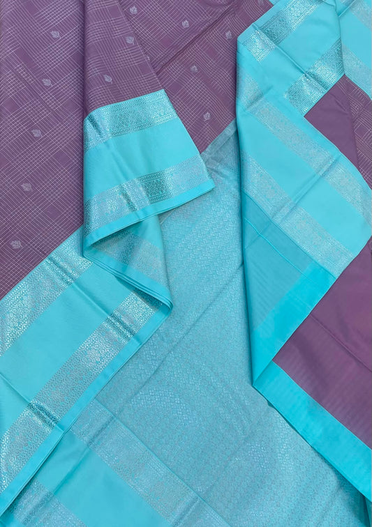 Vegan Silk Sarees Online | lilac X sky blue | 2x2 kattam X rettaipet border