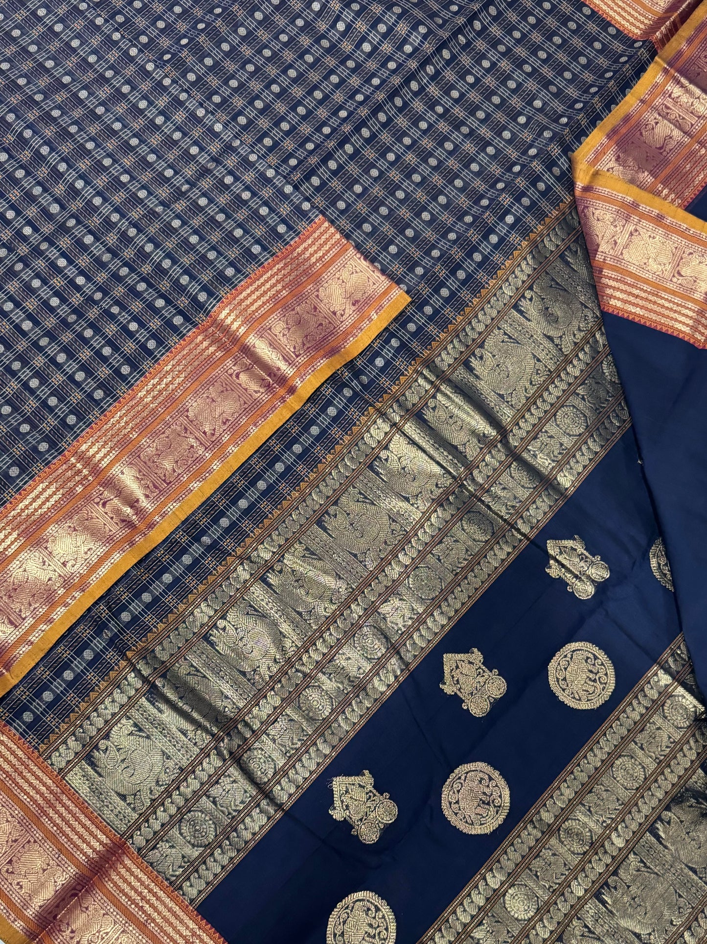 Pure Handloom Kanchi rich Cotton Saree | 1000 butta X  zari | black X mustard | intricate rich zari woven Pallu