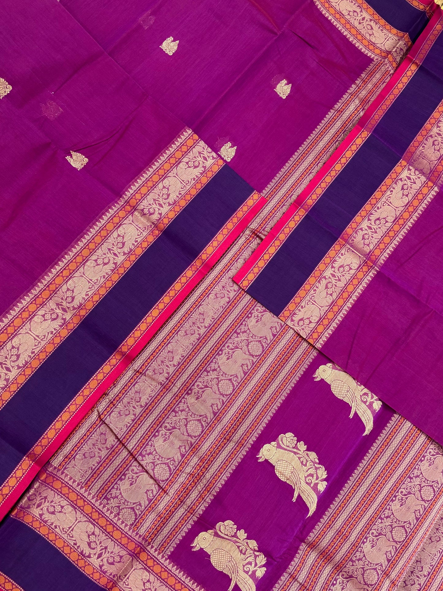 Pure Handloom Kanchi rich Cotton Saree | thread border X  parrot border| magenta X violet | intricate thread parrot woven Pallu