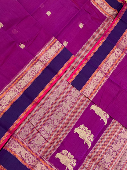 Pure Handloom Kanchi rich Cotton Saree | thread border X  parrot border| magenta X violet | intricate thread parrot woven Pallu
