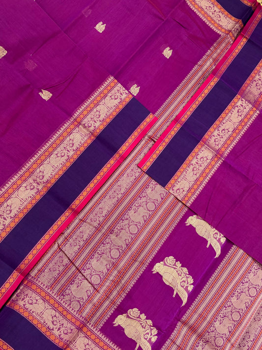Pure Handloom Kanchi rich Cotton Saree | thread border X  parrot border| magenta X violet | intricate thread parrot woven Pallu