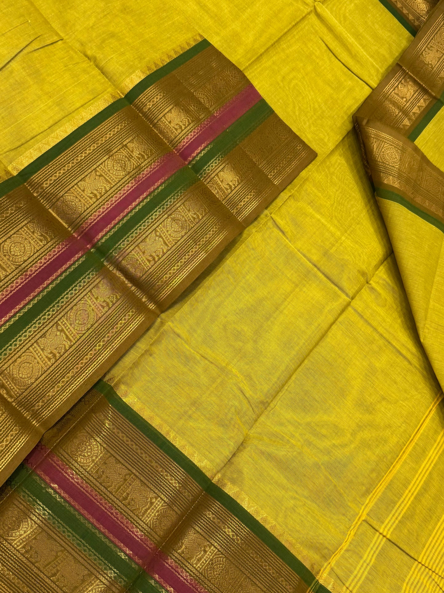 Kanchi soft cotton | yellow X pink X green | long Zari border
