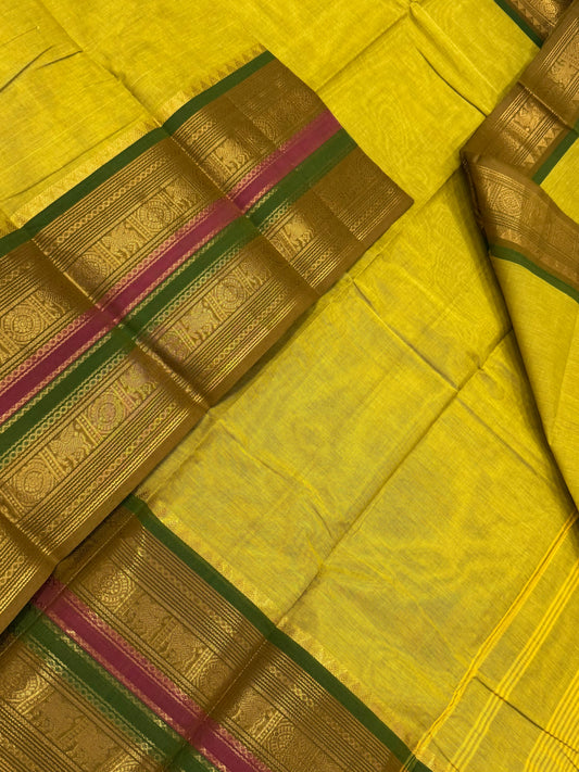 Kanchi soft cotton | yellow X pink X green | long Zari border