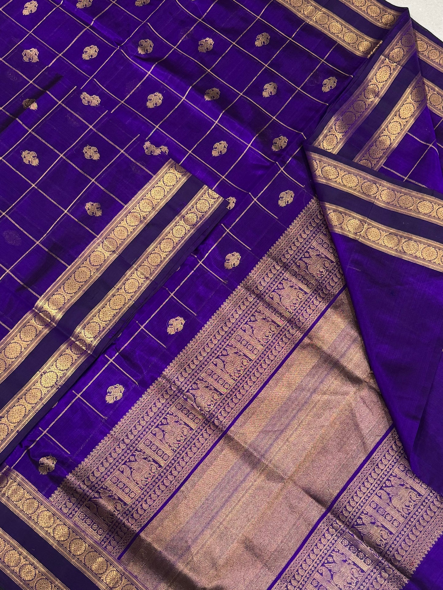 Kanchi Silk Cotton Sarees | violet X GOLD |  rettaipet Zari border  x eruthalapakshi kattam