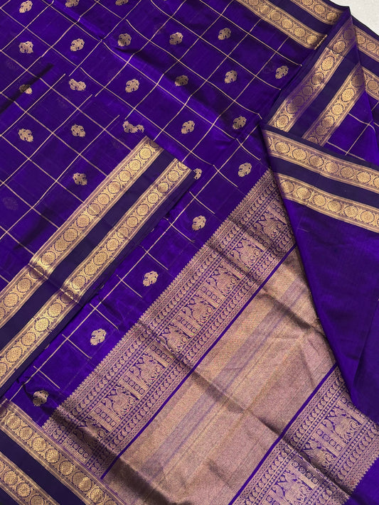 Kanchi Silk Cotton Sarees | violet X GOLD |  rettaipet Zari border  x eruthalapakshi kattam