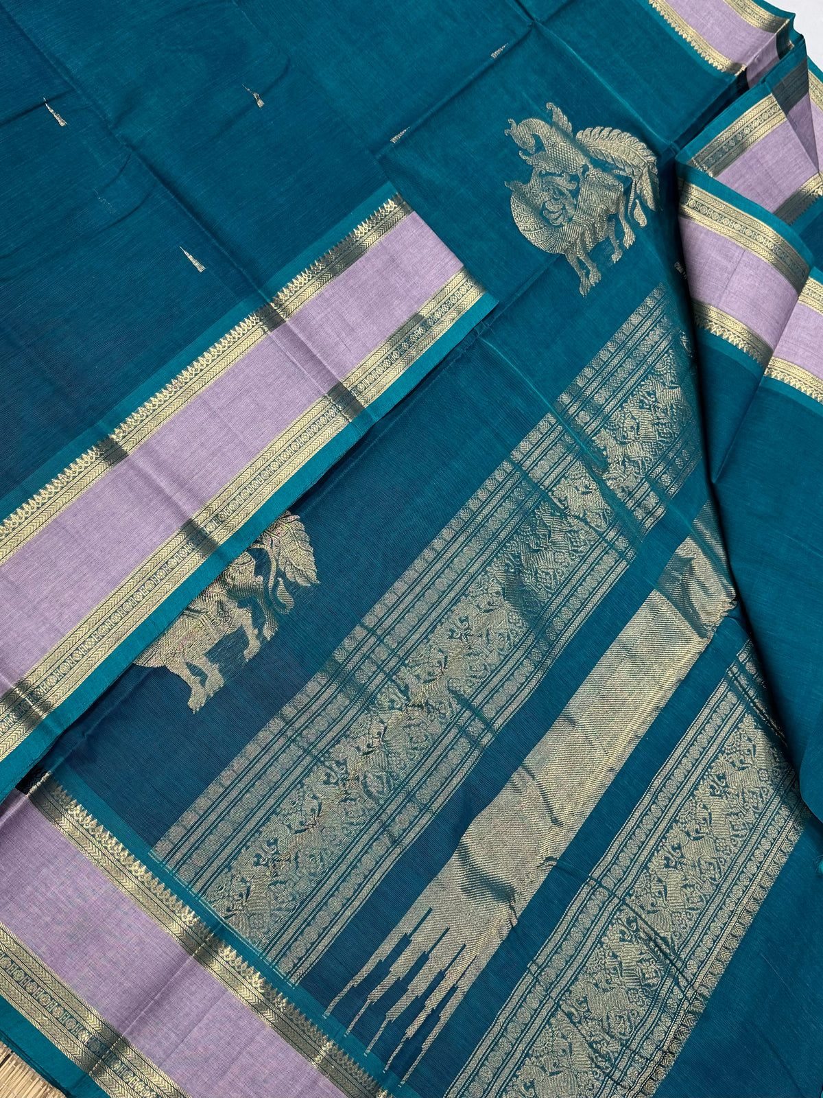 Pure Handloom Kanchi rich Cotton Saree | rettaipet border | blue x lavender