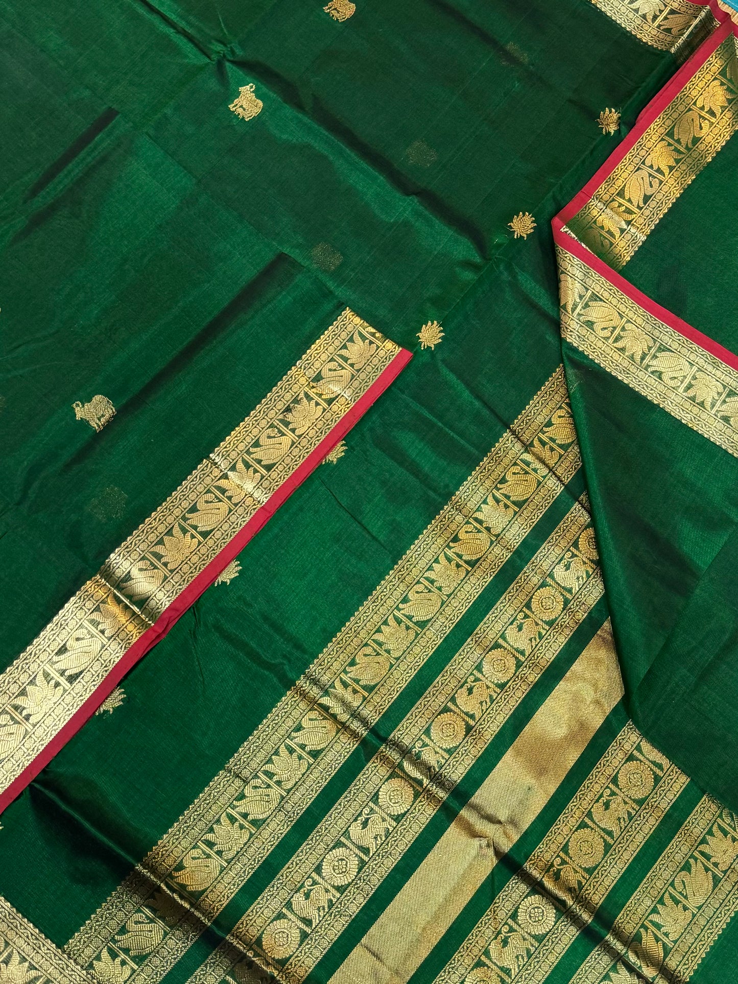 Kanchi Silk Cotton Sarees | luxury silk cotton | gomatha  x lotus butta X small border| bottle green X gold