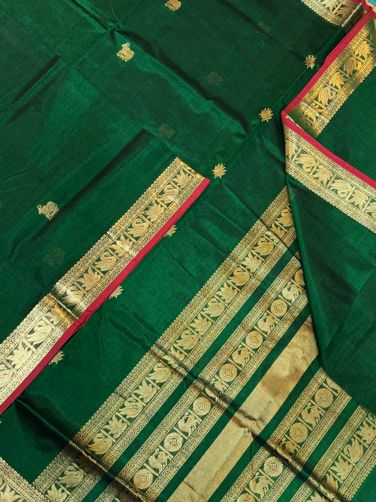 Kanchi Silk Cotton Sarees | luxury silk cotton | gomatha  x lotus butta X small border| bottle green X gold
