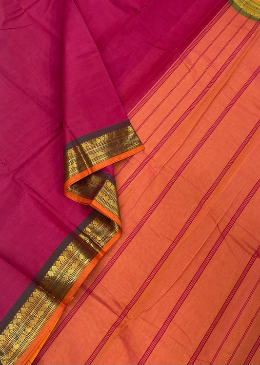 Pure 100 count soft cotton | dark pink x orange | tiny zari border | NKV99