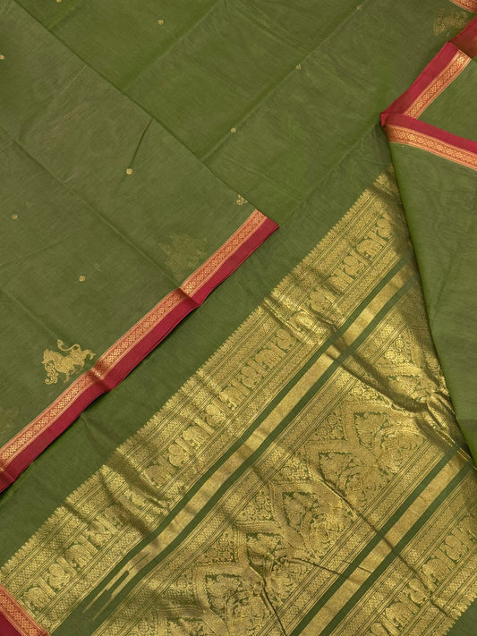 Pure Handloom Kanchi rich Cotton Saree | leaf green X orange | tiny border