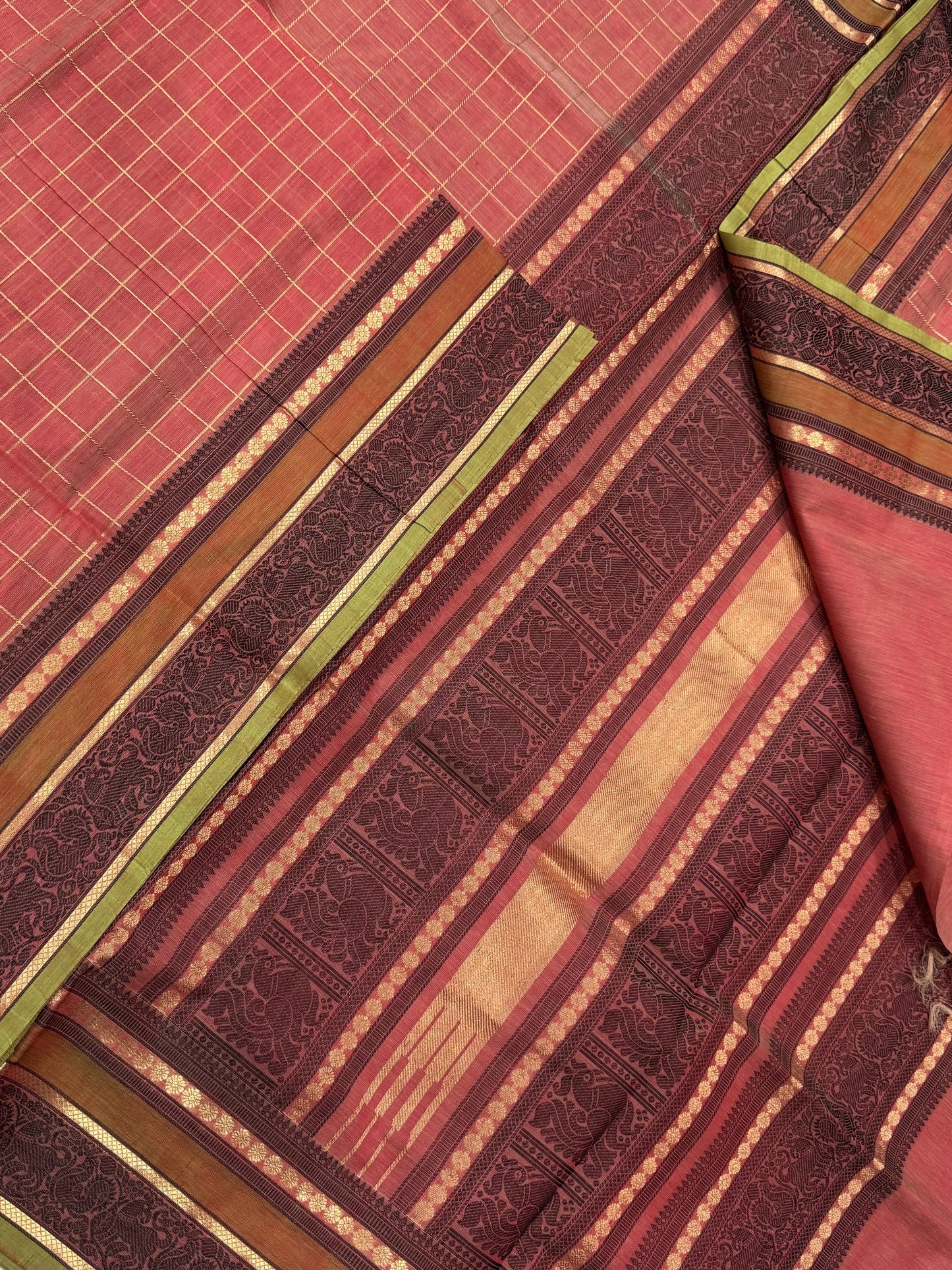 Kanchi Silk Cotton Sarees | kattam X yhazli x thread woven | peach orange X green x gold