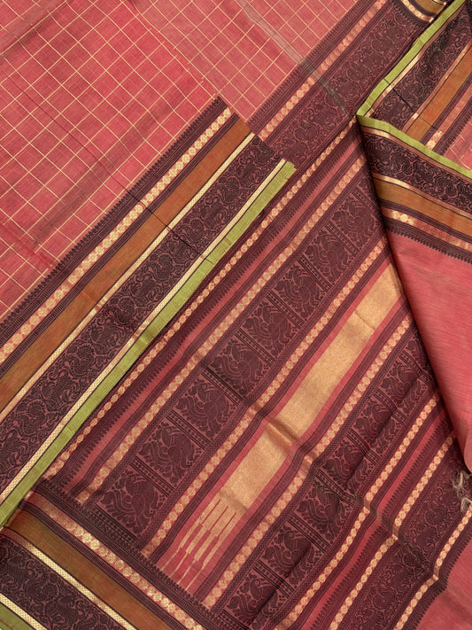Kanchi Silk Cotton Sarees | kattam X yhazli x thread woven | peach orange X green x gold