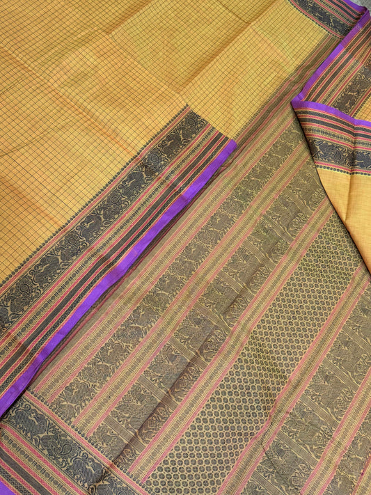 Pure Handloom Kanchi rich Cotton Saree | kattam X thread woven pallu | yellow X Violet
