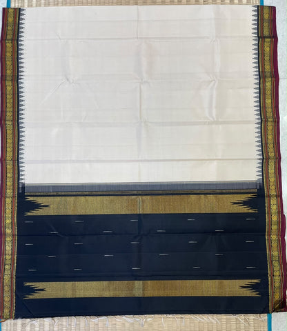 Traditional Kanchipuram Silk Sarees  |  cream x black X marron | tiny zari korvai border x border thalampoo motif | Handwoven luxury x 4 ply master weave
