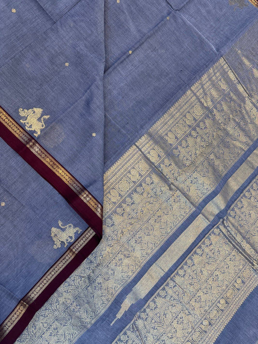 Pure Handloom Kanchi rich Cotton Saree | tiny Zari border | grey x aaraku | rich sorgavasal Zari Pallu