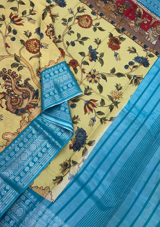 Ponduru soft Cotton silk | storytelling saree X floral| yellow X sky blue |NKV27
