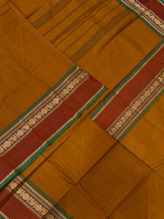Kanchi soft cotton |mayil x rettaipet border |  mustard x brown