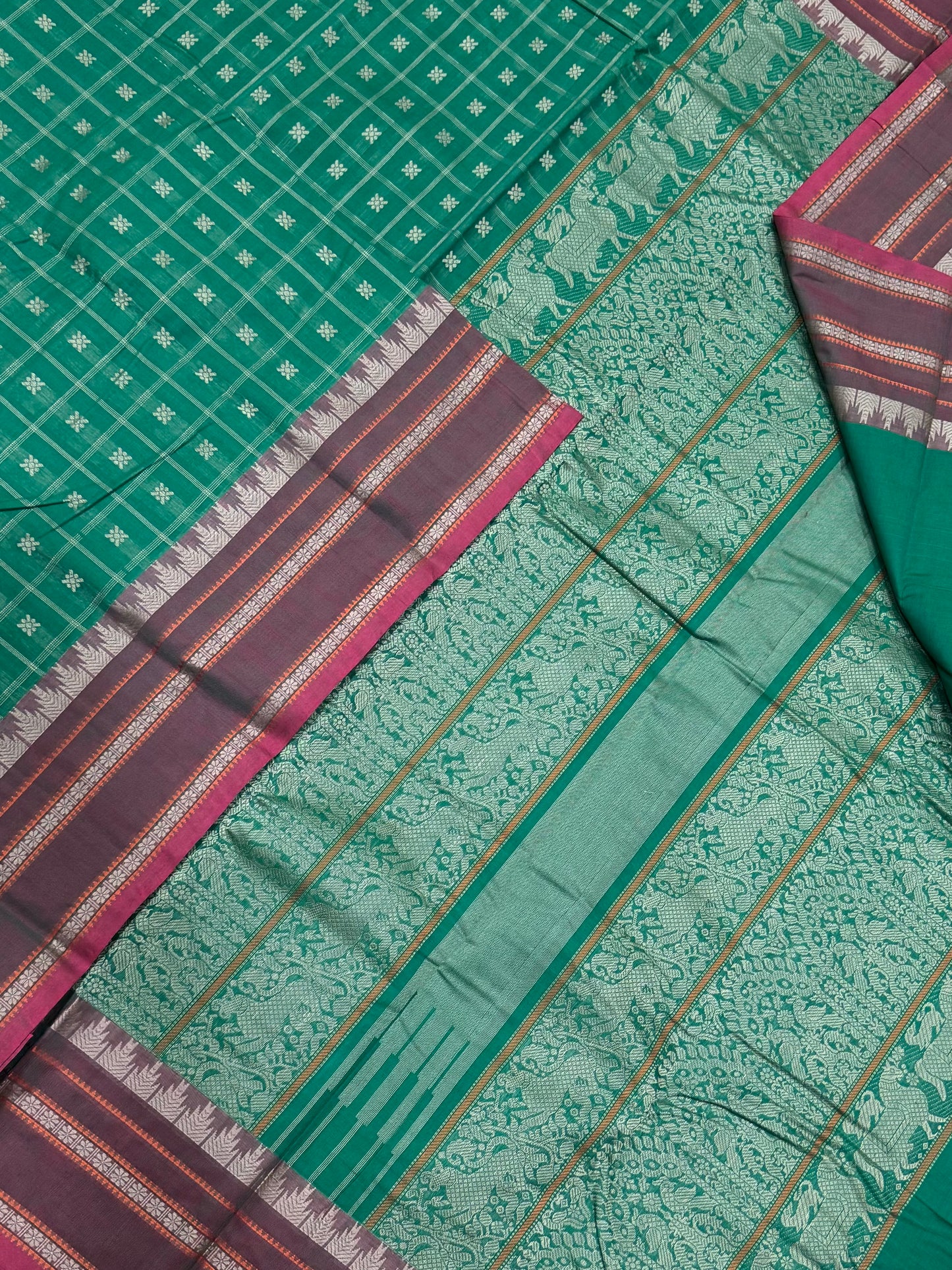 Pure Handloom Kanchi rich Cotton Saree | thread woven X  100 BUTTA |green X brick | intricate rich thread woven Pallu & borders