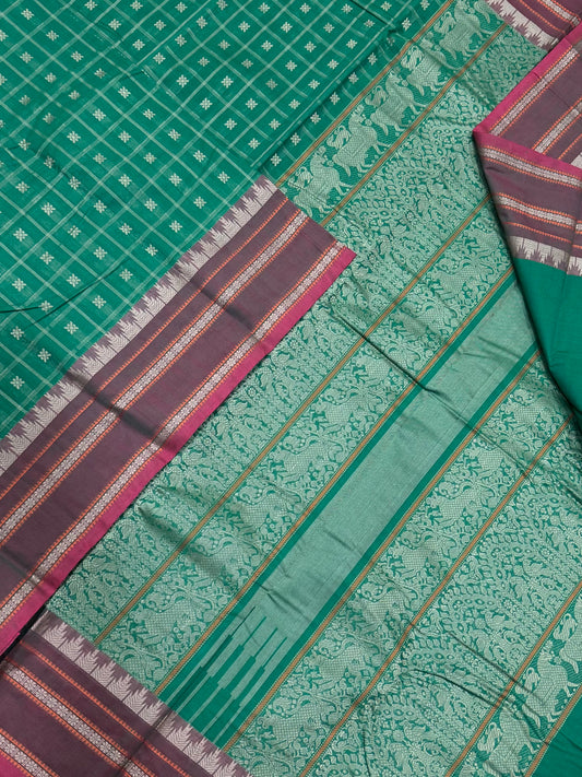 Pure Handloom Kanchi rich Cotton Saree | thread woven X  100 BUTTA |green X brick | intricate rich thread woven Pallu & borders