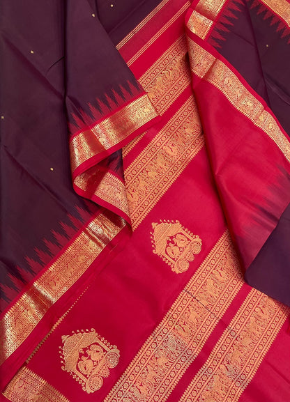 Traditional Kanchipuram Silk Sarees  |  marron x red X gold | tiny zari korvai border x border thalampoo motif | Handwoven luxury x 4 ply master weave