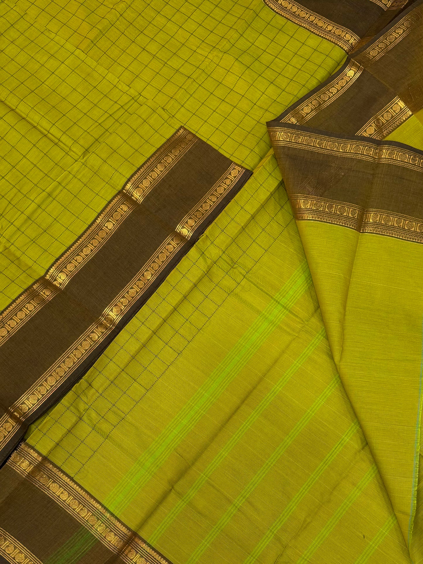 Kanchi soft cotton | light green X earth green X  Zari retaipet border