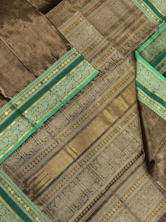 Kanchi Tissue Silk Cotton Sarees | vairaoosi X threads |antique gold X teal | NKV100