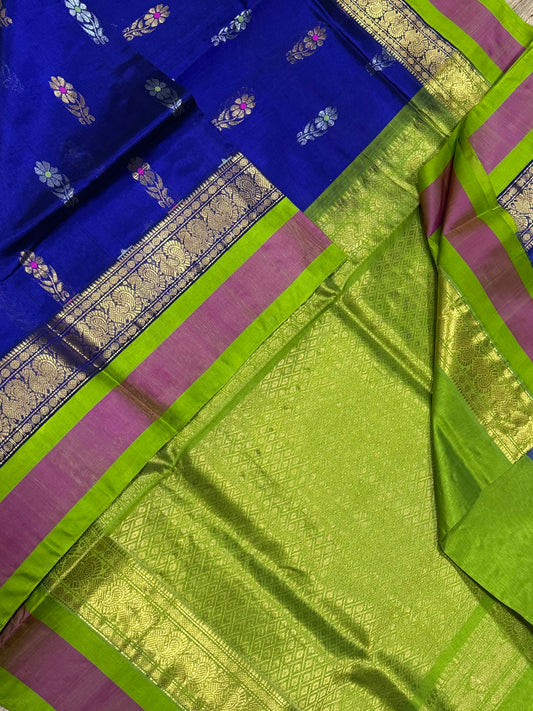 Kanchi Silk Cotton Sarees | Royal blue x green | mayil motif