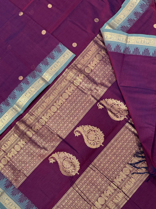 Pure Handloom Kanchi rich Cotton Saree | burgundy X teal blue | tiny border