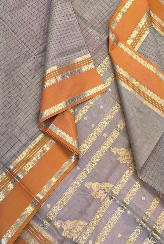 Kanchi Silk Cotton Sarees | 1000 butta  X rich zari killi pallu X zari rettaipet border | pastel grey  X orange