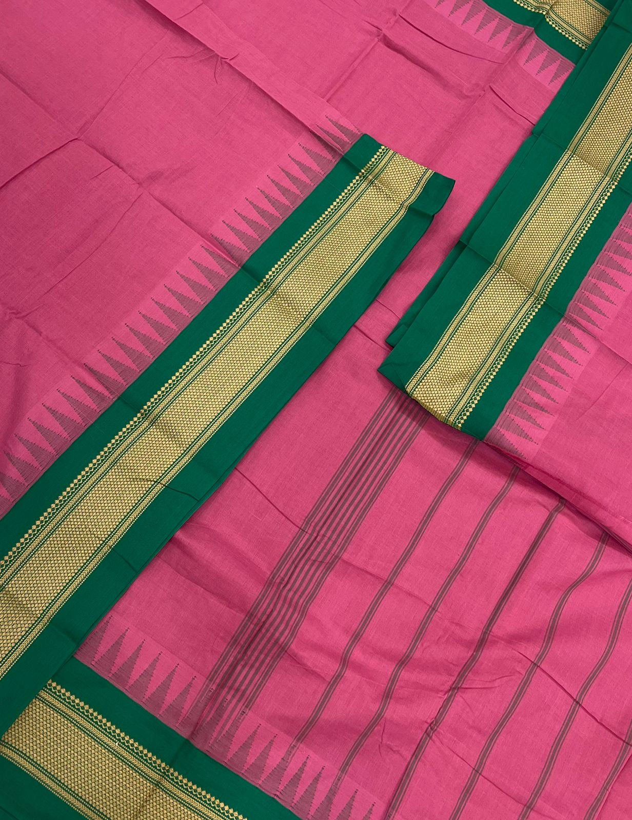 Korvai Kanchi cotton | korvai temple border | pink X dark green