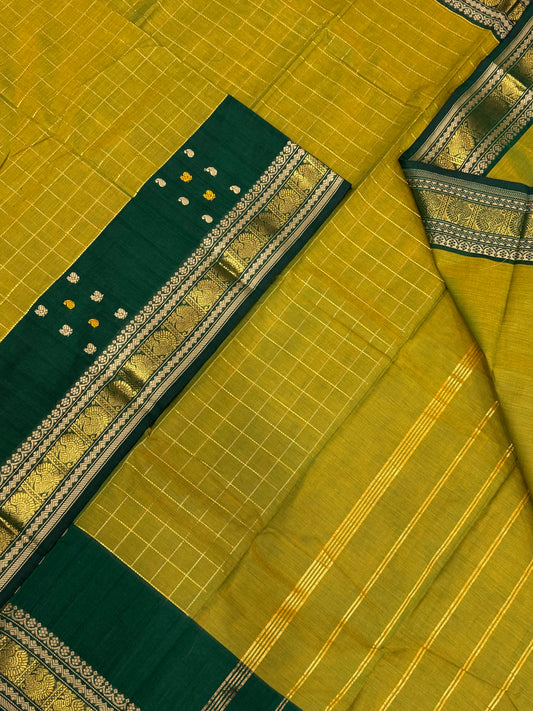 Kanchi soft cotton | zari kattam | leaf green X bottle green