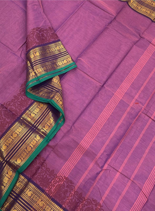 Kanchi soft cotton | violet x green |  mayil zari border