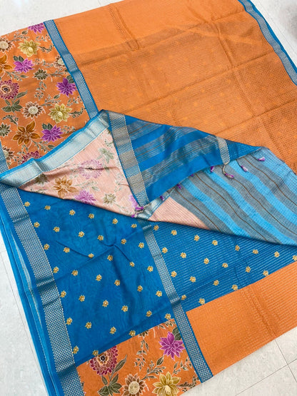 Premium Chanderi silk  | floral x zari border | orange floral X pastel blue | NKV24