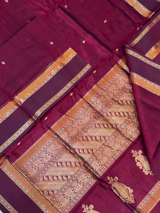 Kanchi Silk Cotton Sarees | tiny mayil motif X rettaipet border | marron X mustard