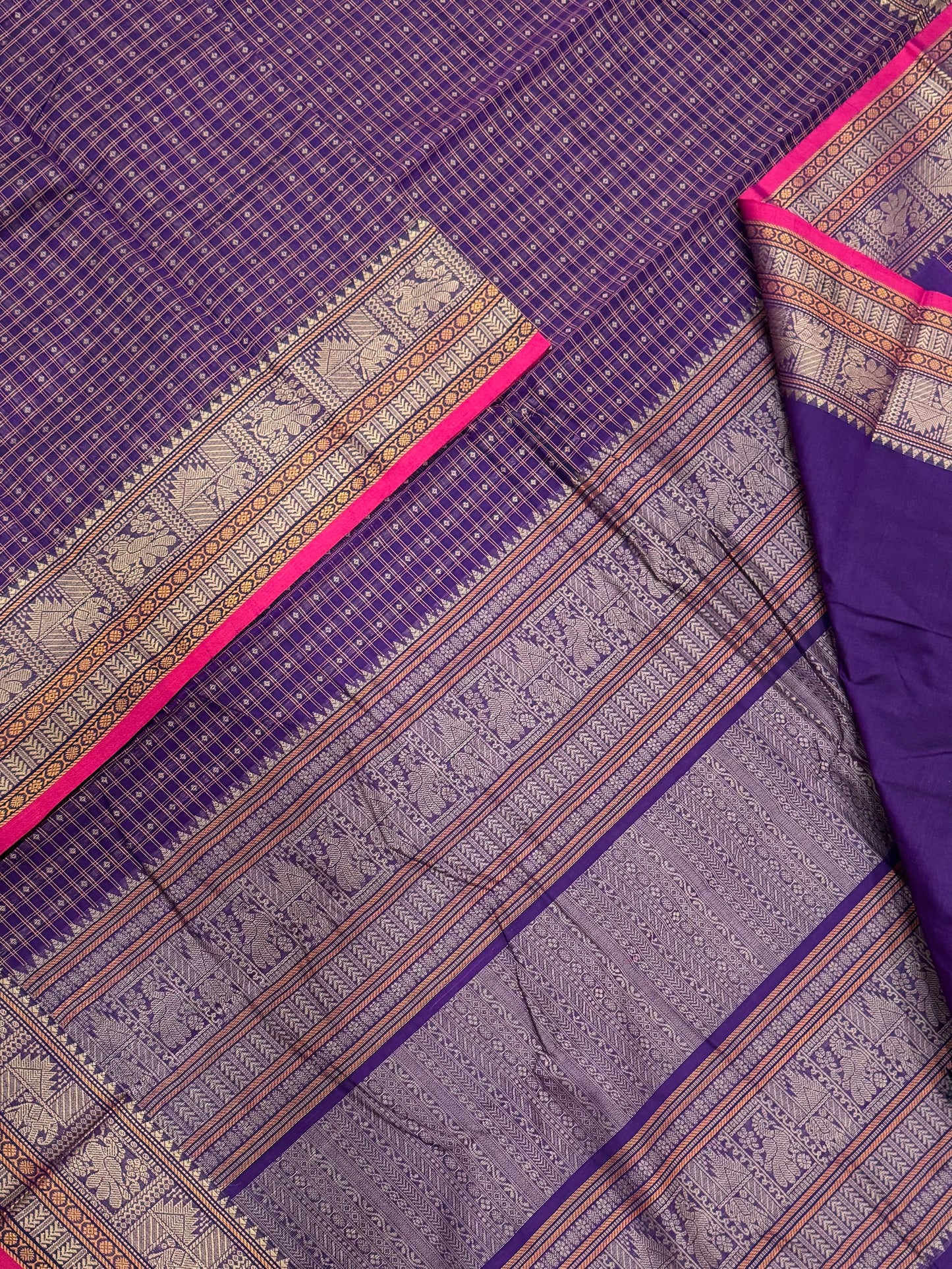 Pure Handloom Kanchi rich Cotton Saree | thread woven X  100 BUTTA double Lakshadeepam |violet X pink | intricate rich thread woven Pallu & borders
