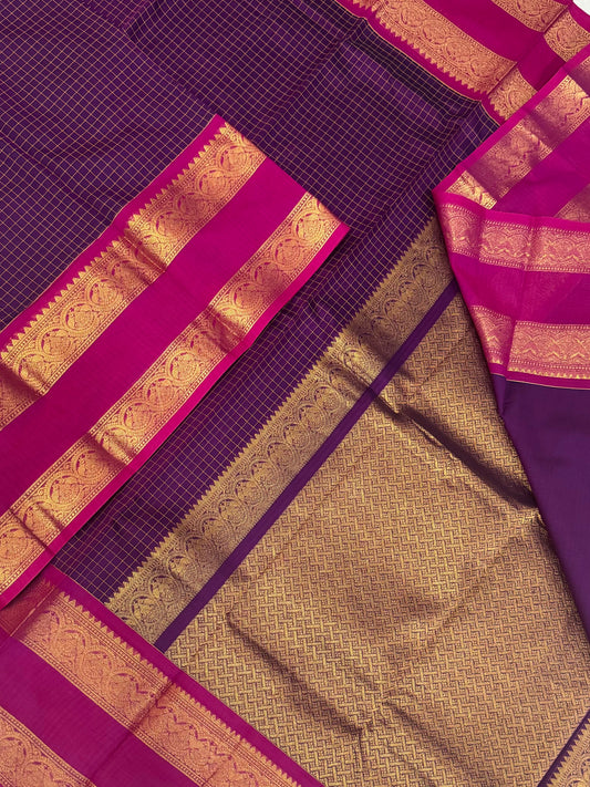 Kanchi soft cotton | thread podi kattam X Zari eruthalapakshi rettaipet border | violet X Rani pink