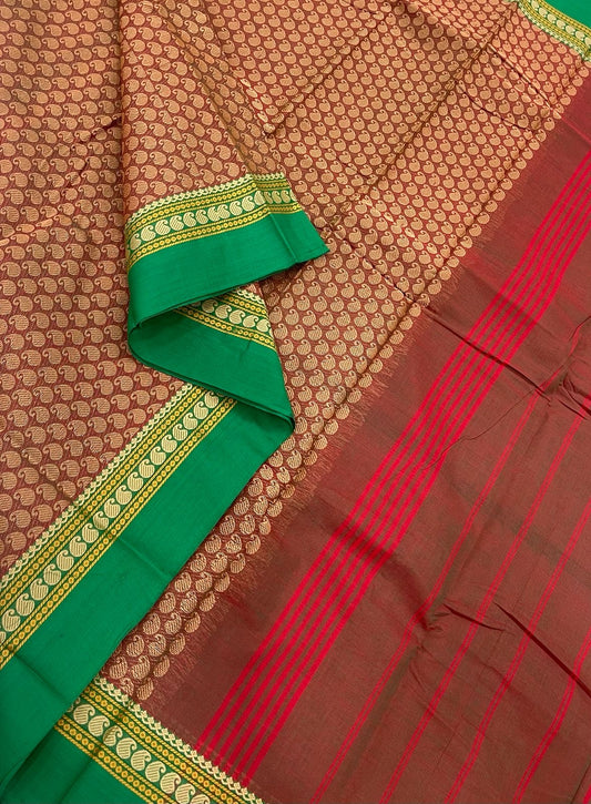 Kanchi soft cotton | brick red x green | thread mango motifs