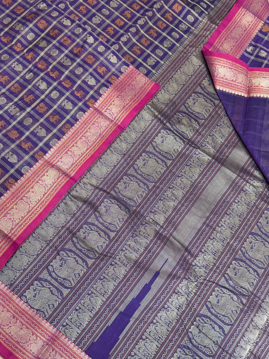 Pure Handloom Kanchi rich Cotton Saree | thread border x 1000 butta | violet x pink