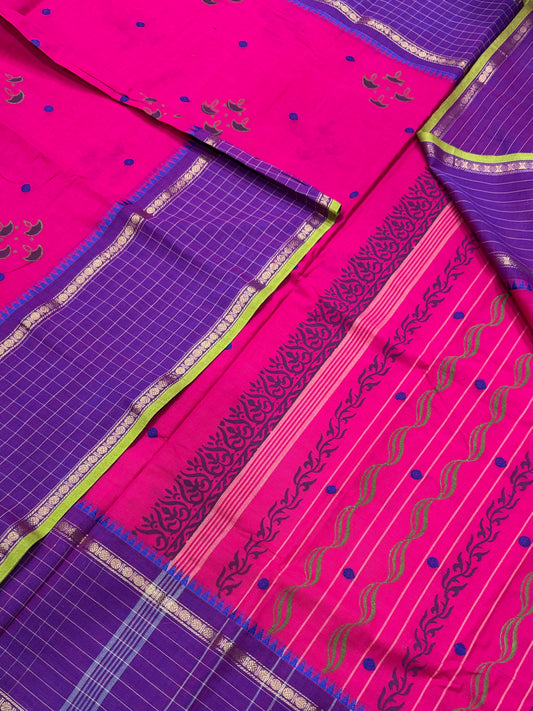Kanchi soft cotton | pink X violet | block print x Zari border