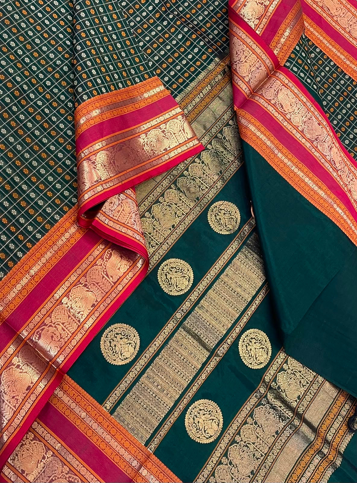 Kanchi Silk Cotton Sarees | 1000 butta  X rich zari pallu | bottle green X gold X red